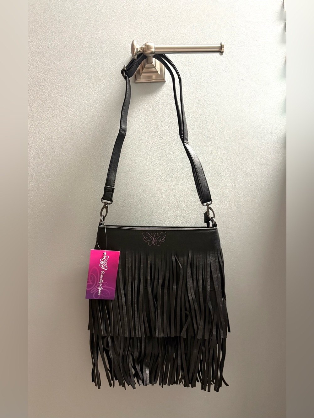 Fringed Boho, Festival Vegan Handbag With Crossbody Strap. Black. Large. NWT.